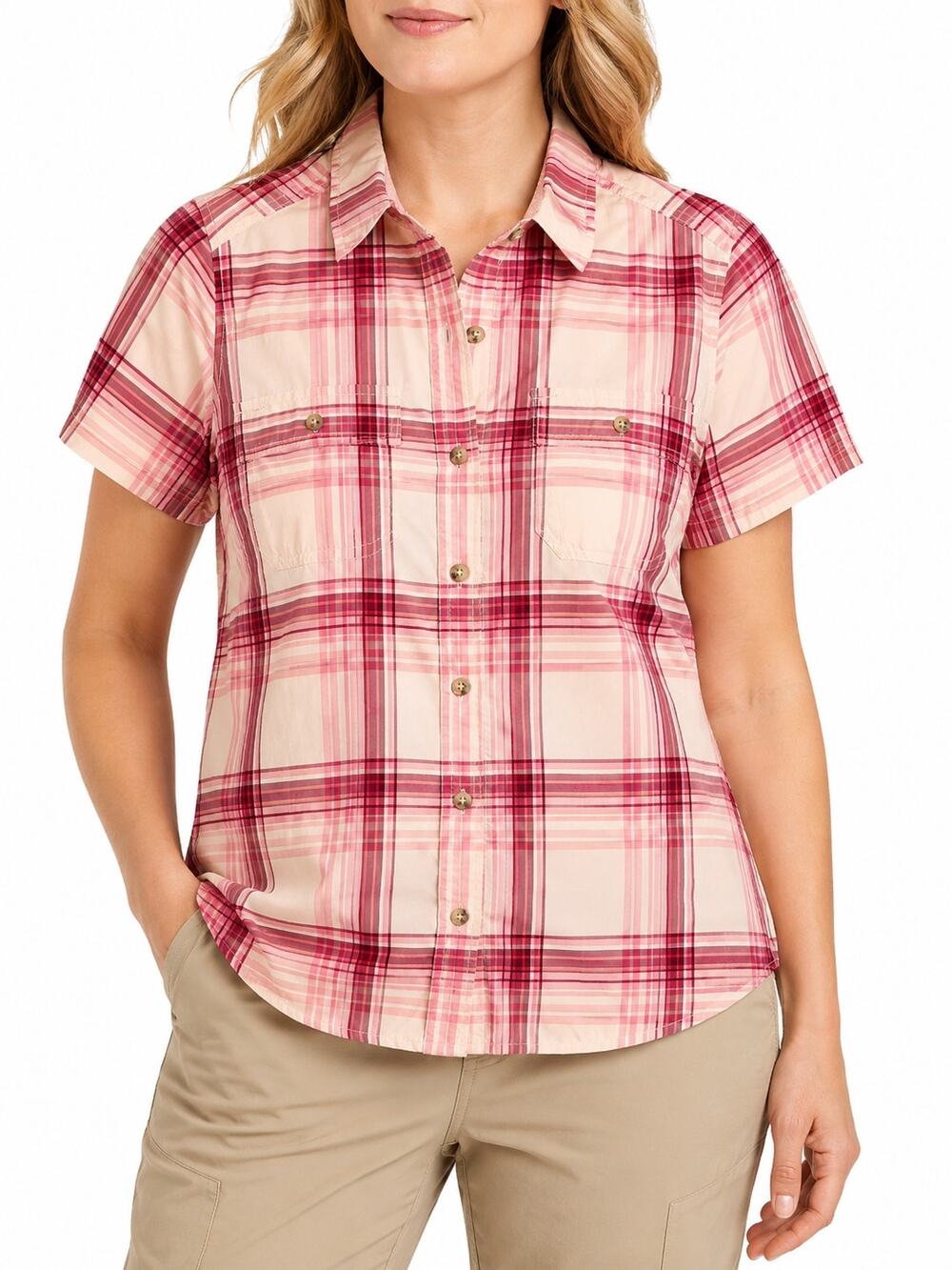 Eddie Bauer UPF 50 Hiking Shirt M Pink Coral Plaid Moisture Wicking NWT Utility